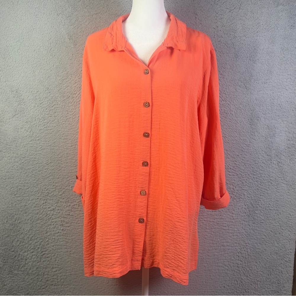 John Mark Top Womens Large Orange Coral Wire Collar Button Tunic Blouse Boho